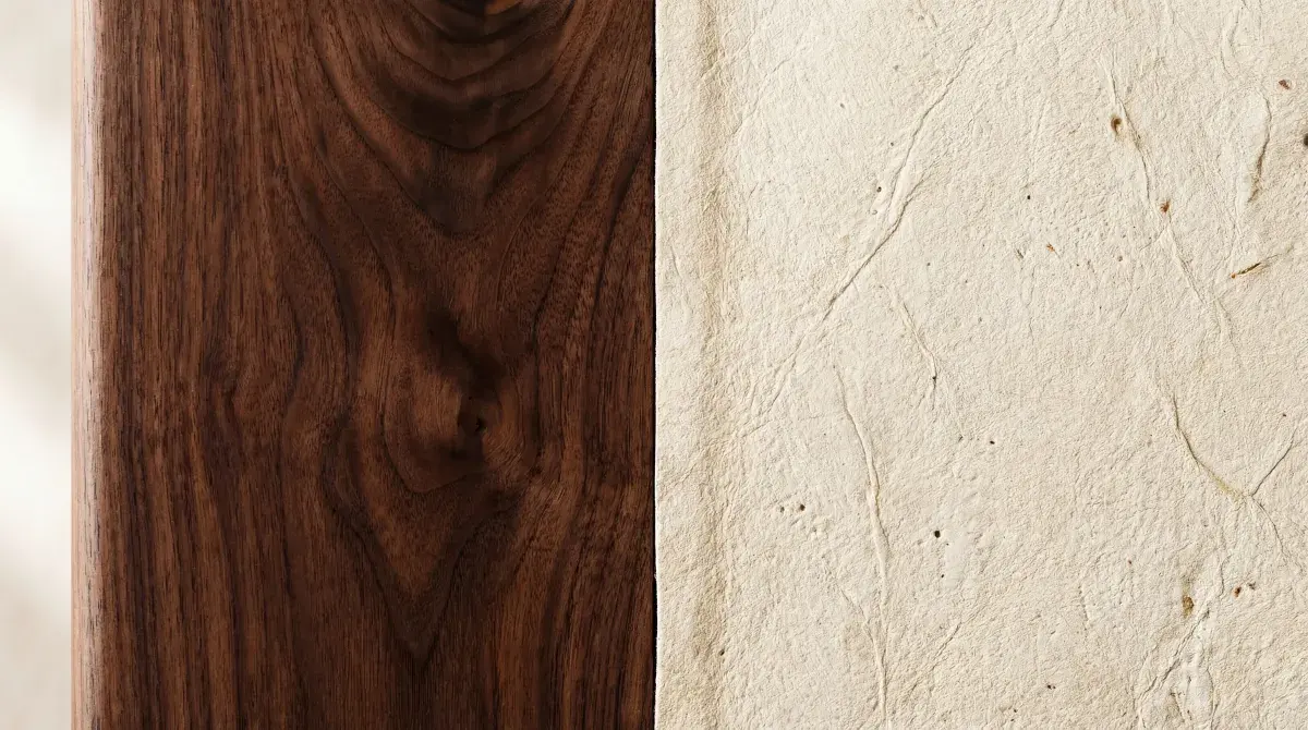 Close-up texture of fine wood and genuine parchment, luxury materials for signature furniture