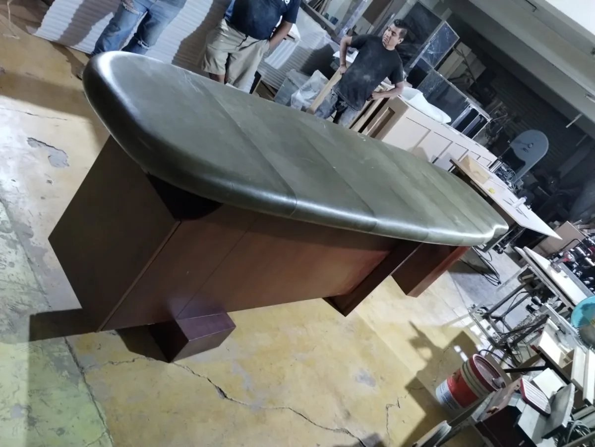 Oval bar classic Club design, fine wood and green leather details for luxury residences