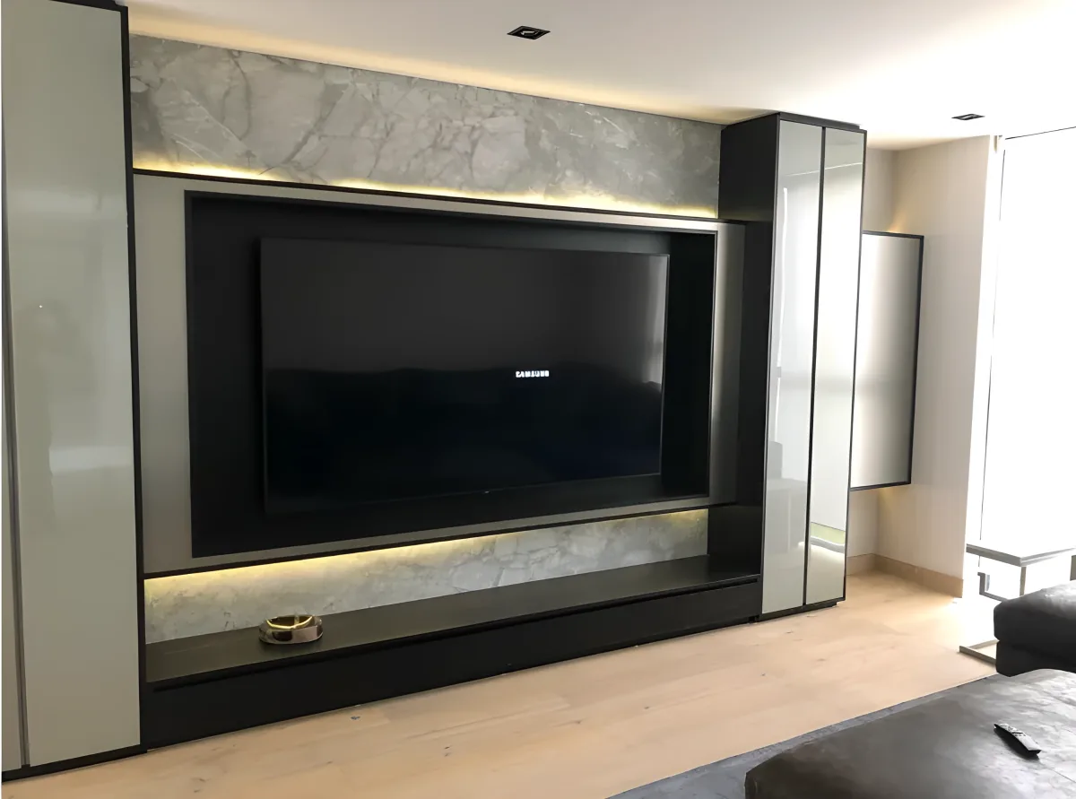 Integral entertainment center with marble and LED lighting, modern design for TV rooms