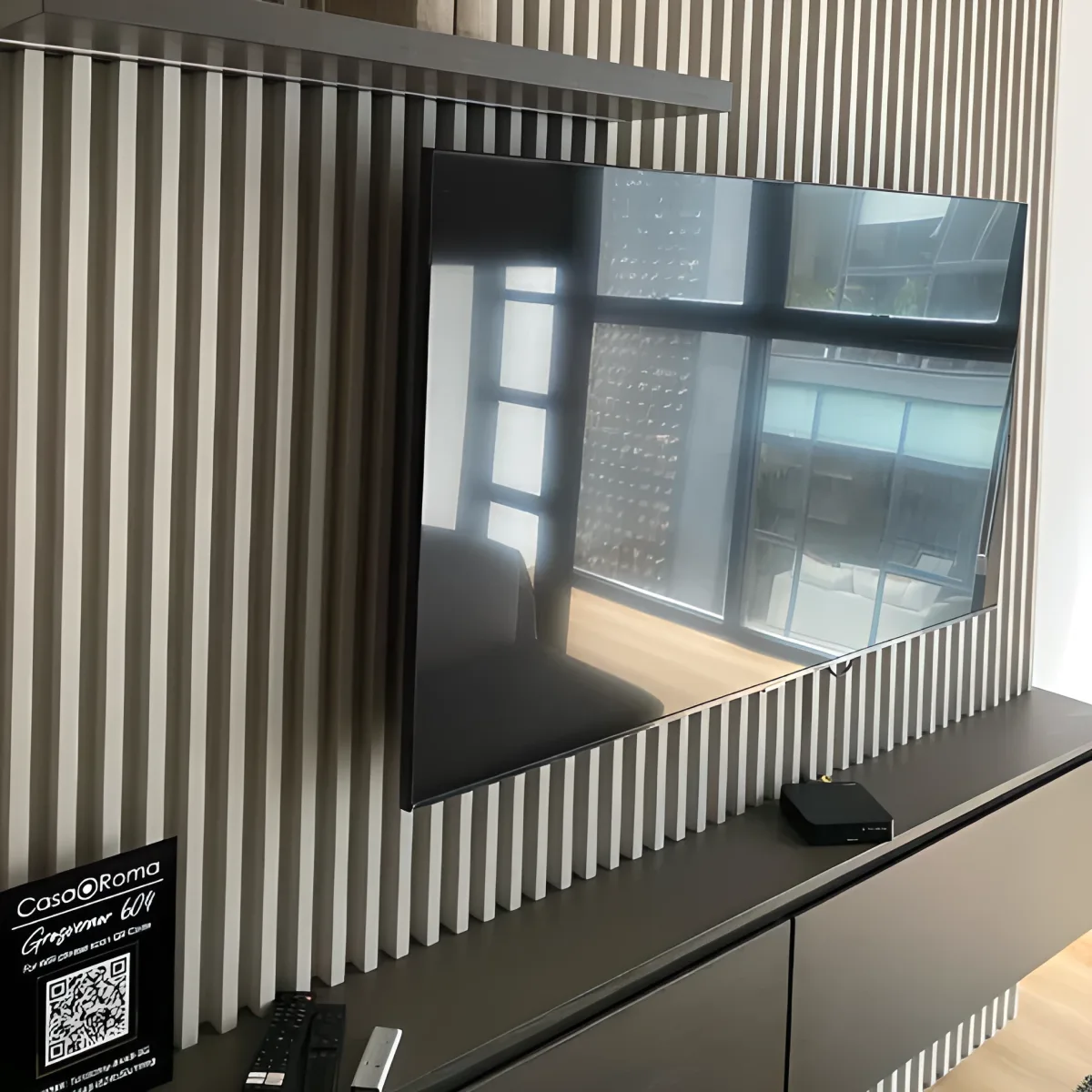 Floating TV console in mahogany over wood paneling, elegant design for Home Theater
