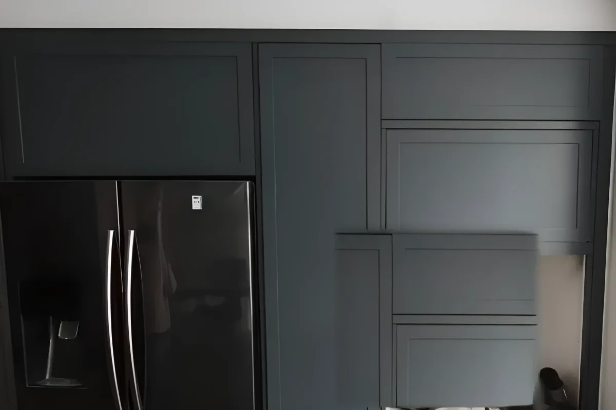 Designer kitchen with Shaker style cabinets in matte graphite grey, premium residential carpentry