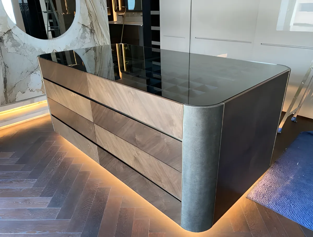 Luxury kitchen island with diamond marquetry and parchment applications, exclusive centerpiece