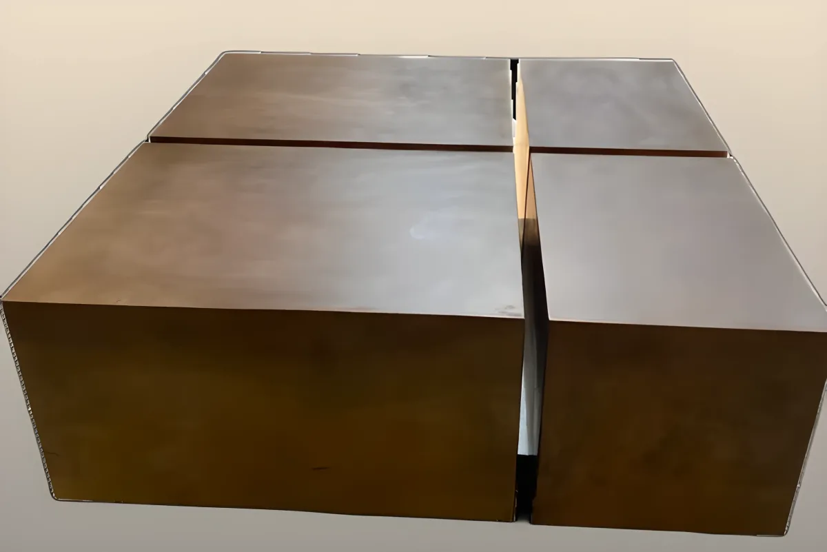 Architectural cubic block coffee table in walnut, sculptural minimalist design for living rooms