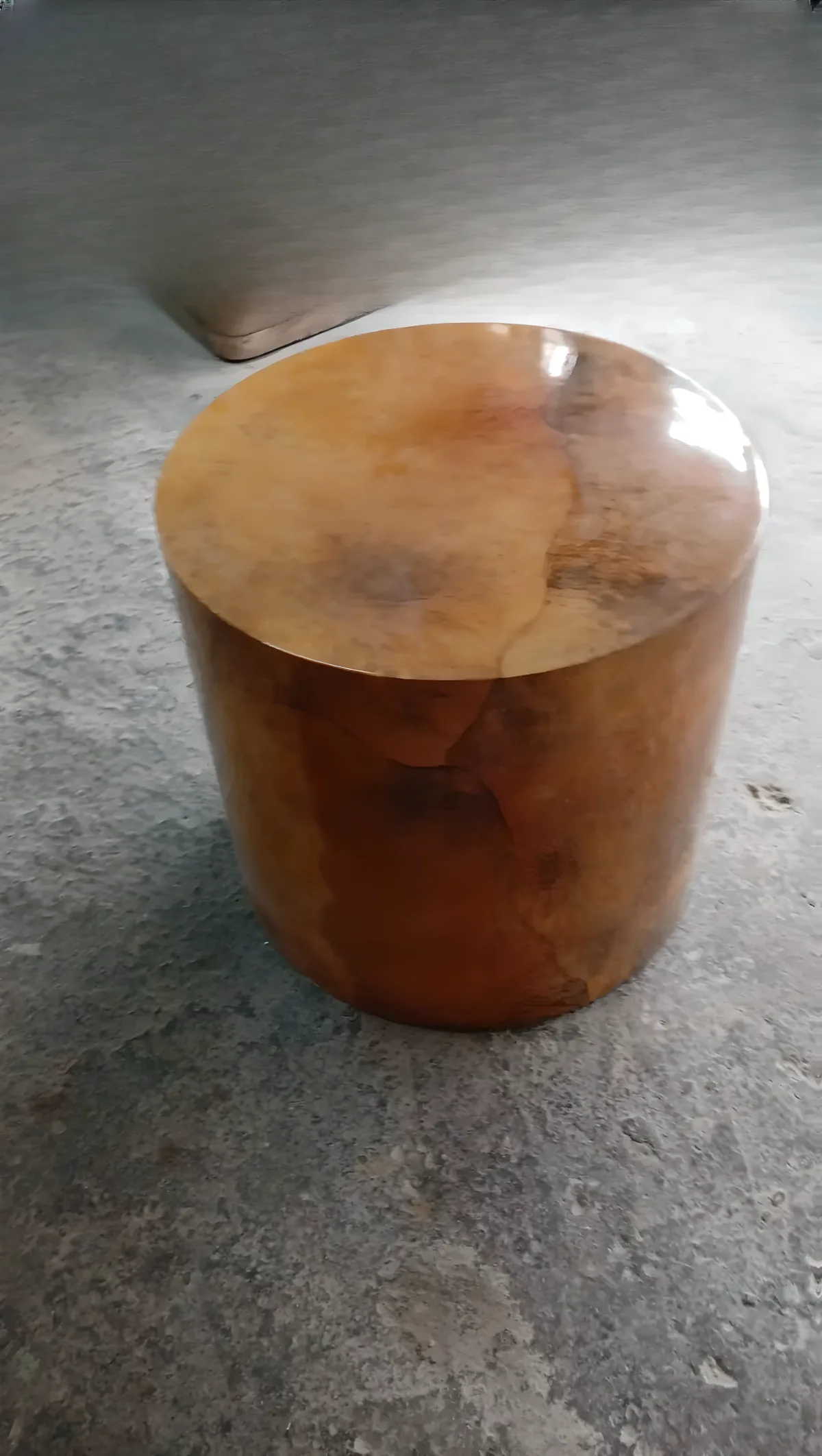 Exclusive design cylindrical nightstand in burl wood and parchment, luxury bedside table