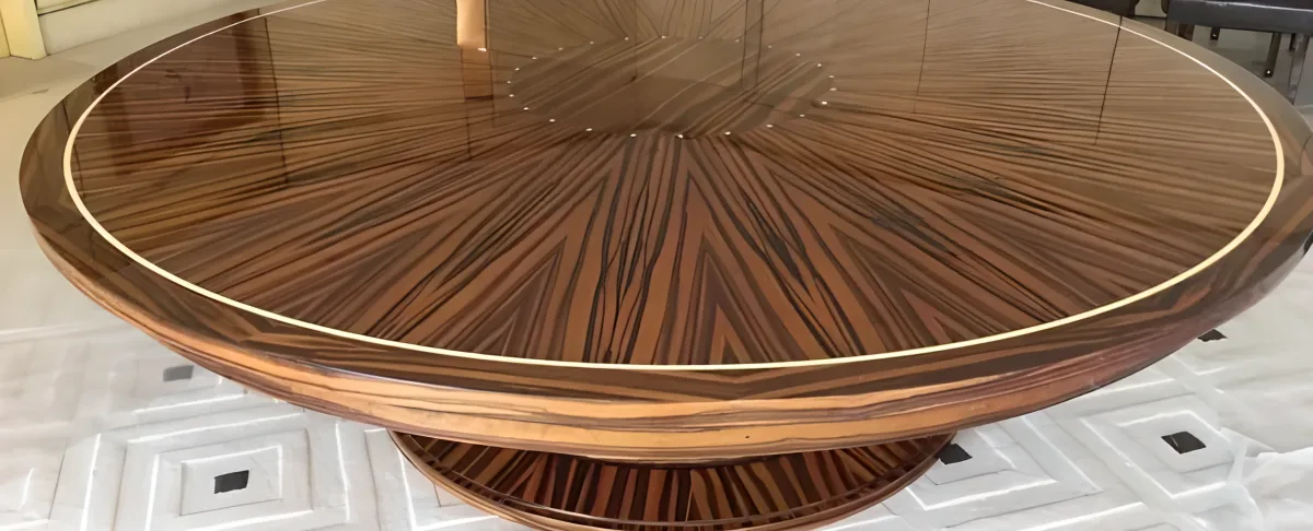 Round dining table with 'Sunburst' radial marquetry and high gloss piano finish