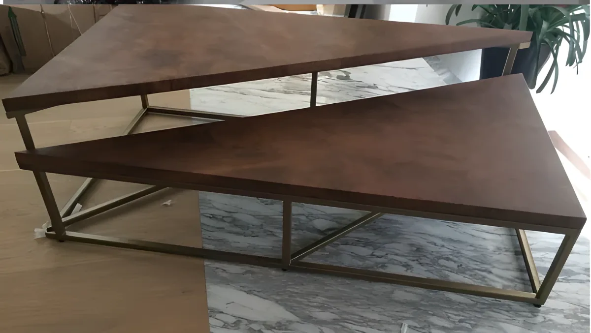 Set of triangular nesting tables in tobacco parchment