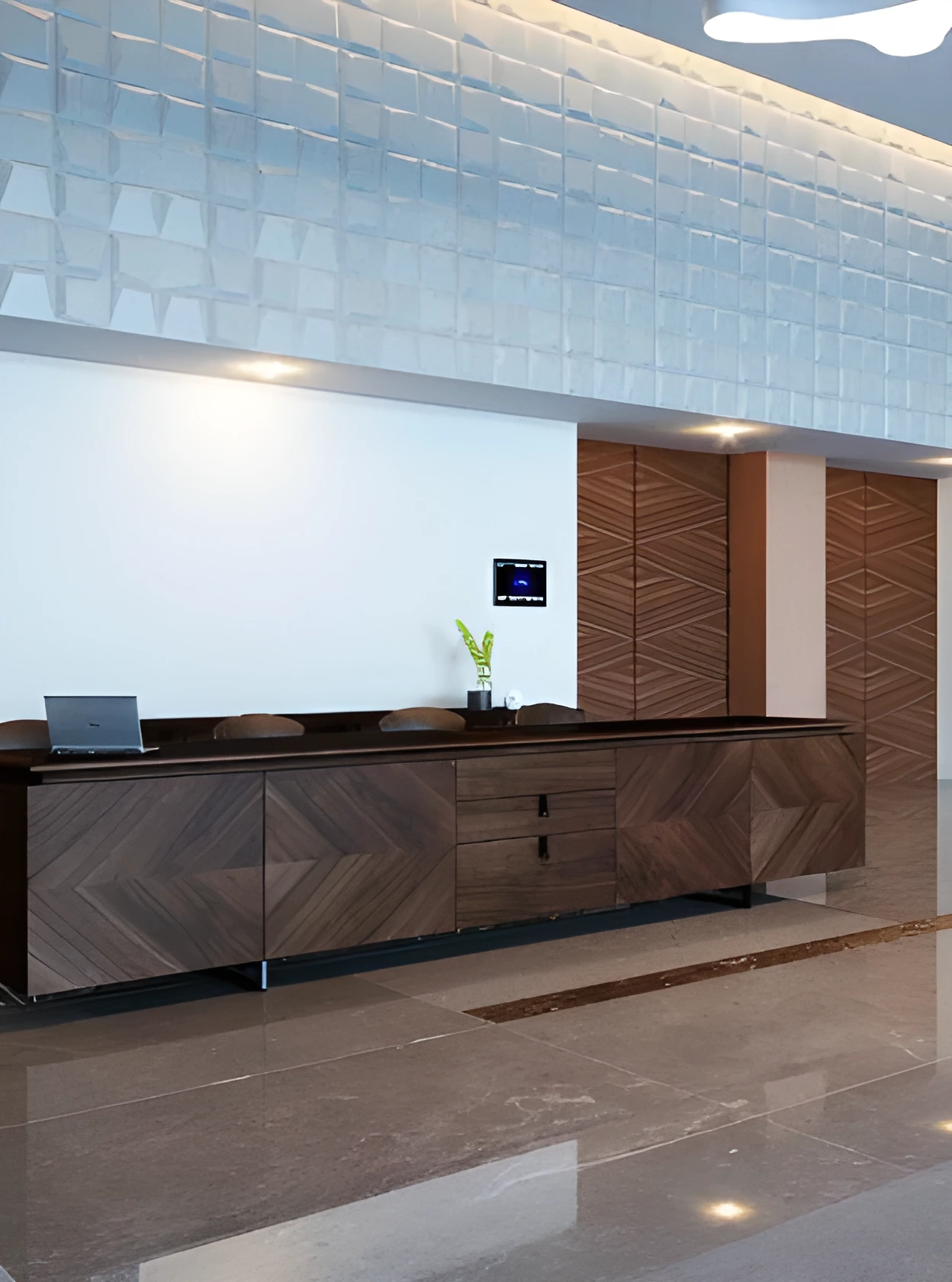 Corporate reception desk, walnut herringbone marquetry and 3D panel for offices