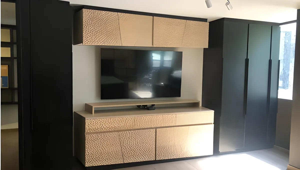 TV credenza with hand-carved texture doors and high gloss black piano lacquer finish