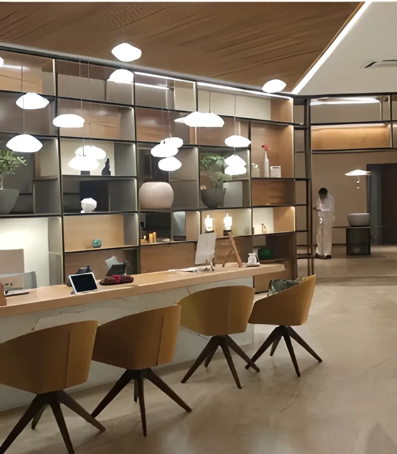 Hotel reception with illuminated shelving and wood slat ceiling