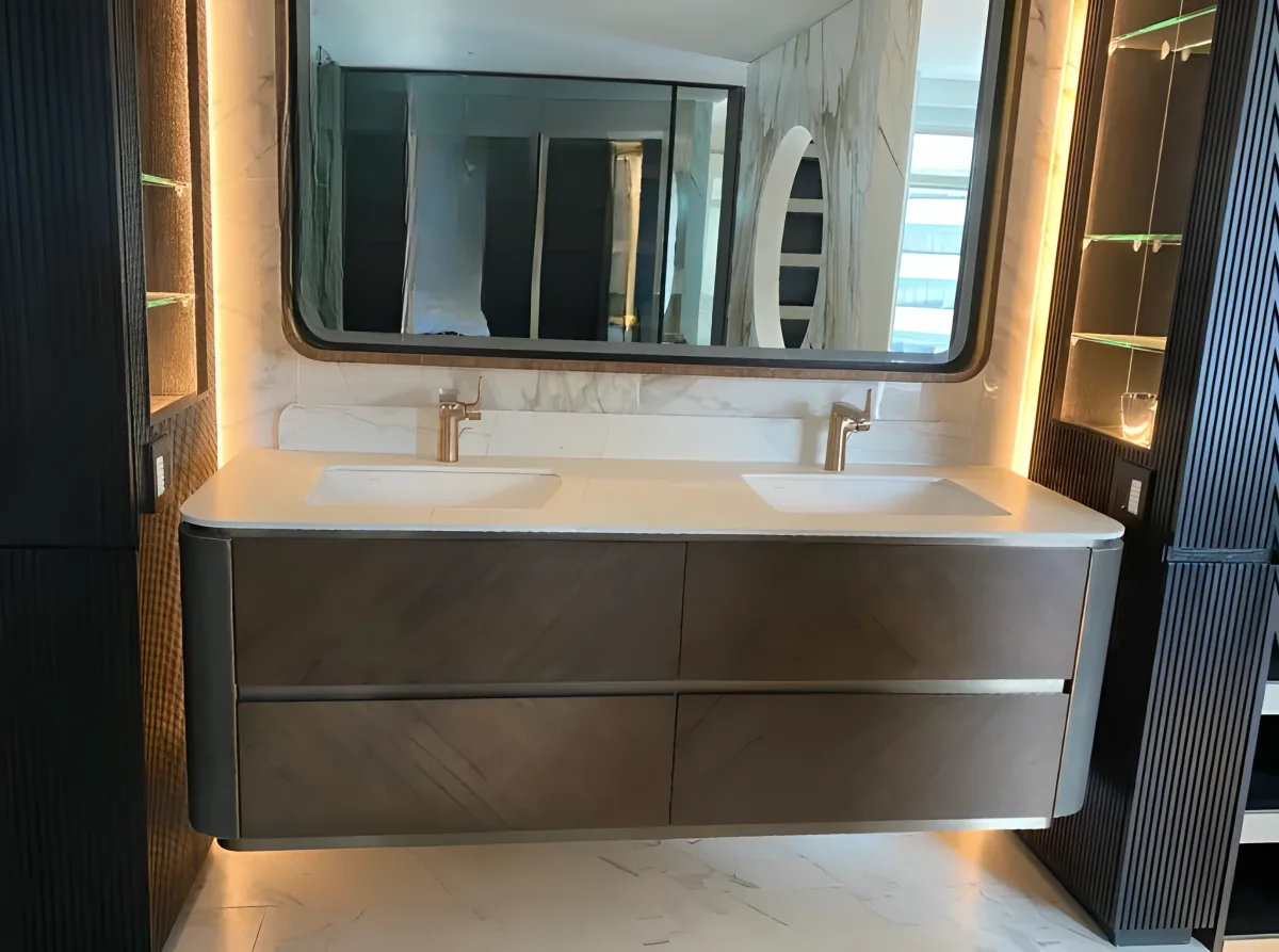 Bathroom vanity with wood slats and black stone countertop, modern Spa style